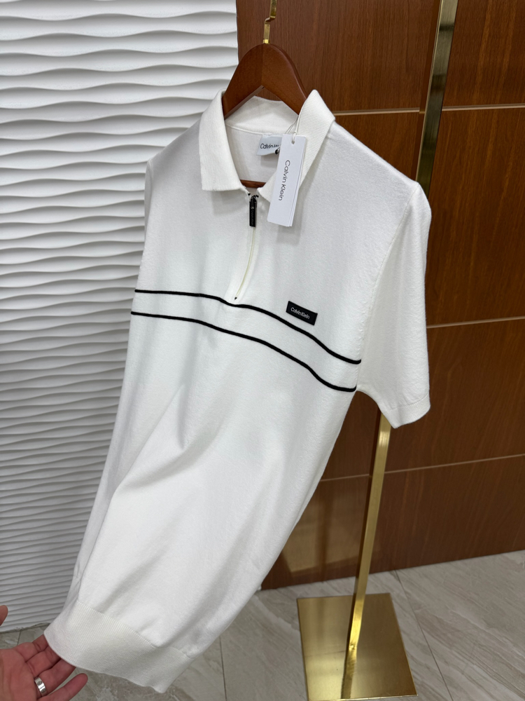 Calvin Klein Beyaz Paralel Çizgili İthal Polo Yaka