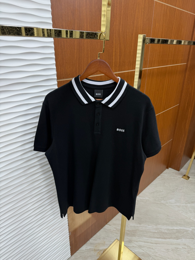 Boss Yakası Çizgili Siyah İthal Polo Yaka