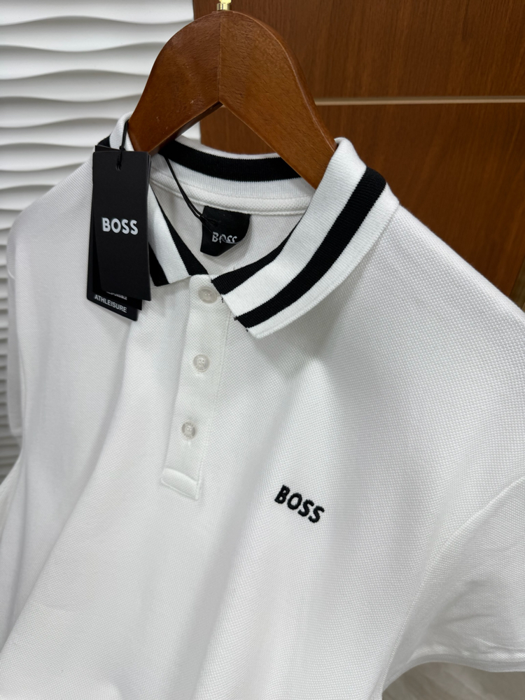 Boss Yakası Çizgili İthal Beyaz Polo Yaka