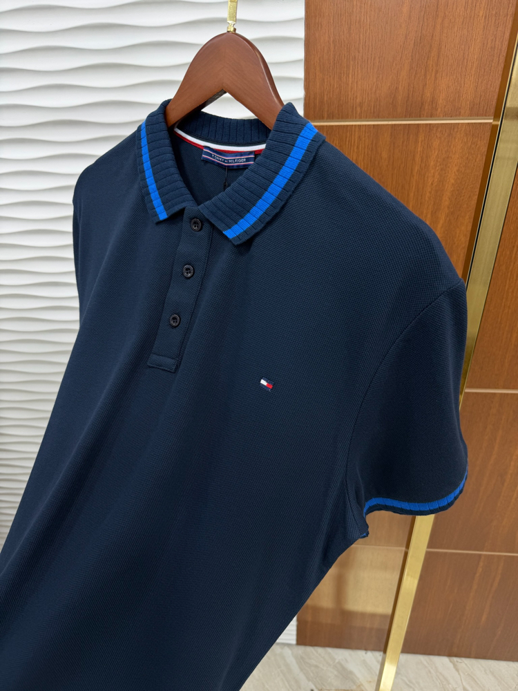 Tommy Yaka Çizgili Lacivert İthal Polo Yaka