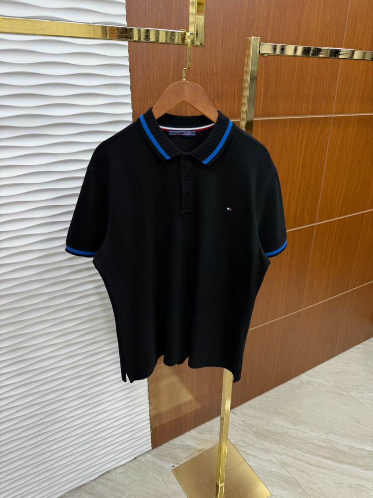 Tommy Yaka Çizgili İthal Siyah Polo Yaka