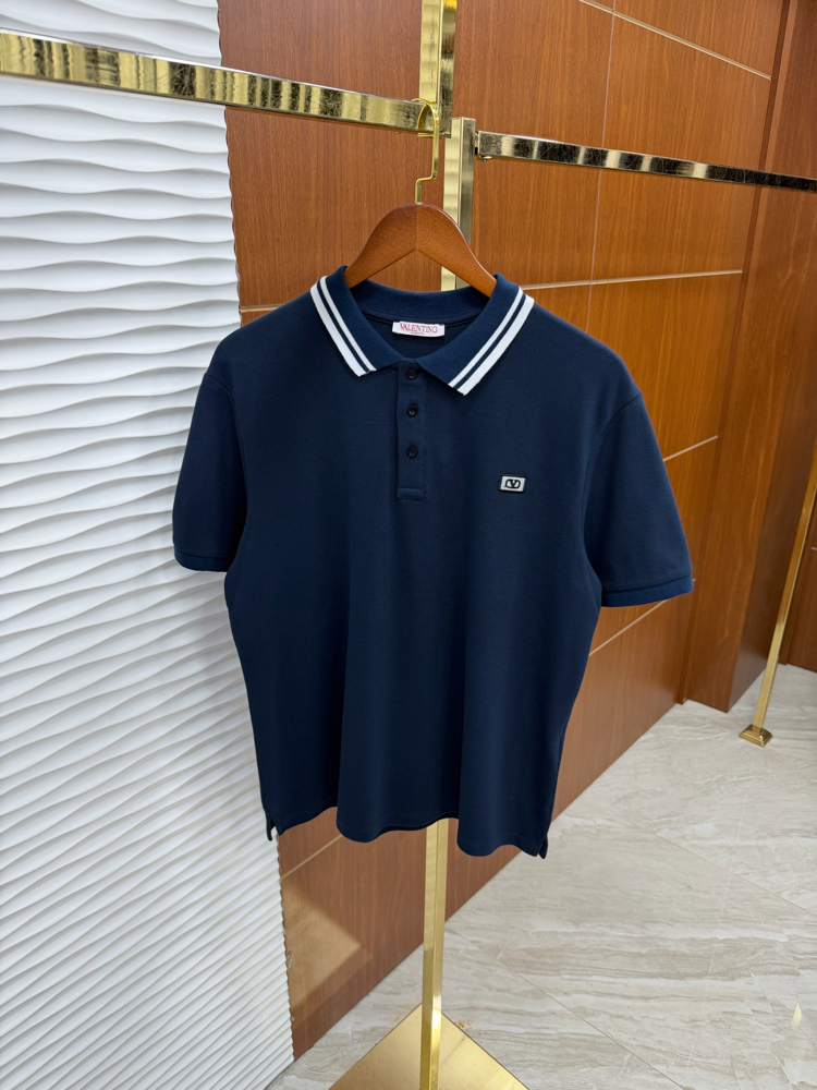 Valentino Yaka Çizgili Lacivert İthal Polo Yaka