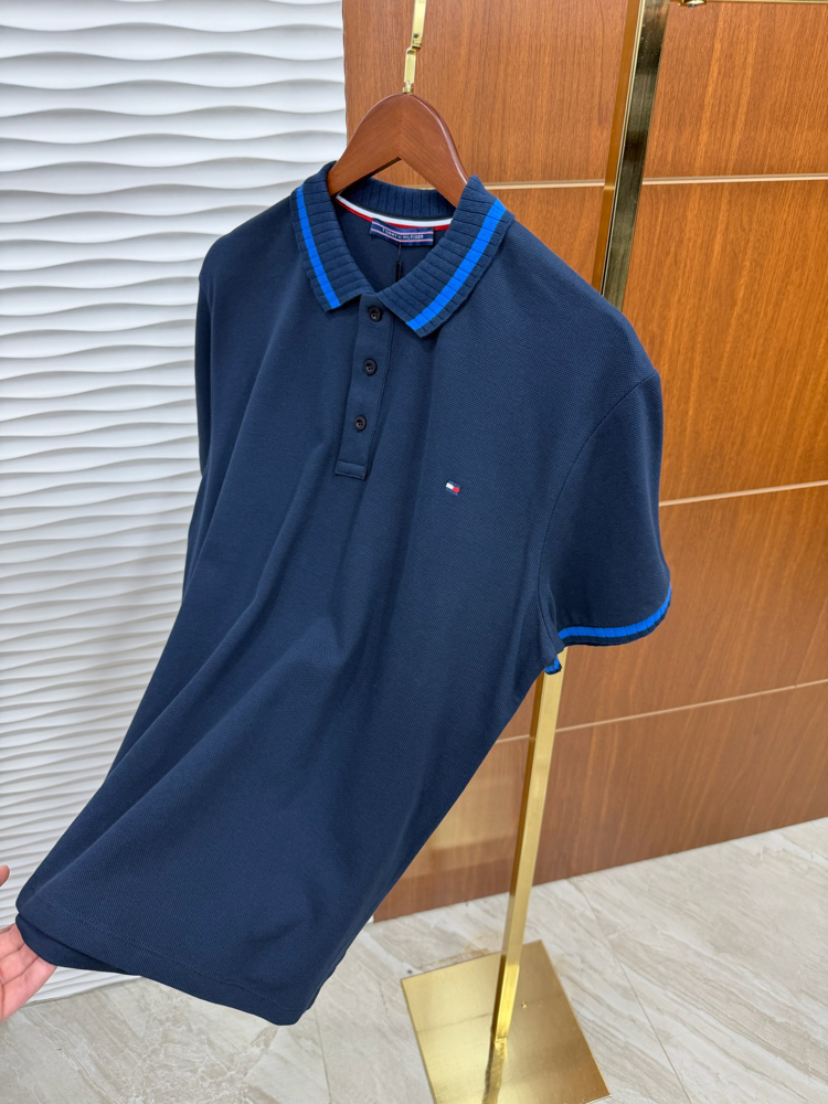 Tommy Yaka Çizgili Lacivert İthal Polo Yaka