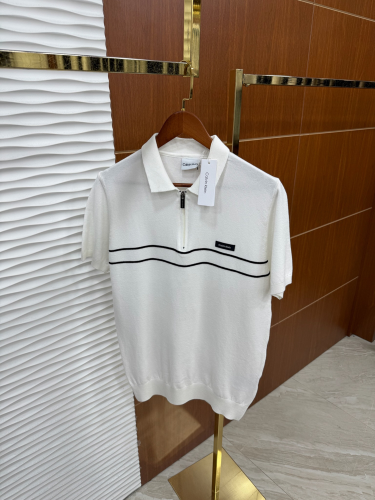 Calvin Klein Beyaz Paralel Çizgili İthal Polo Yaka
