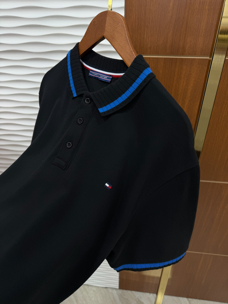 Tommy Yaka Çizgili İthal Siyah Polo Yaka