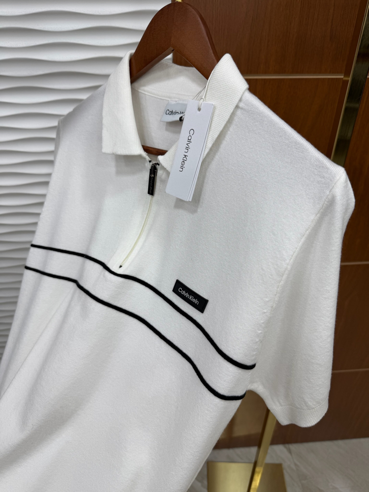 Calvin Klein Beyaz Paralel Çizgili İthal Polo Yaka