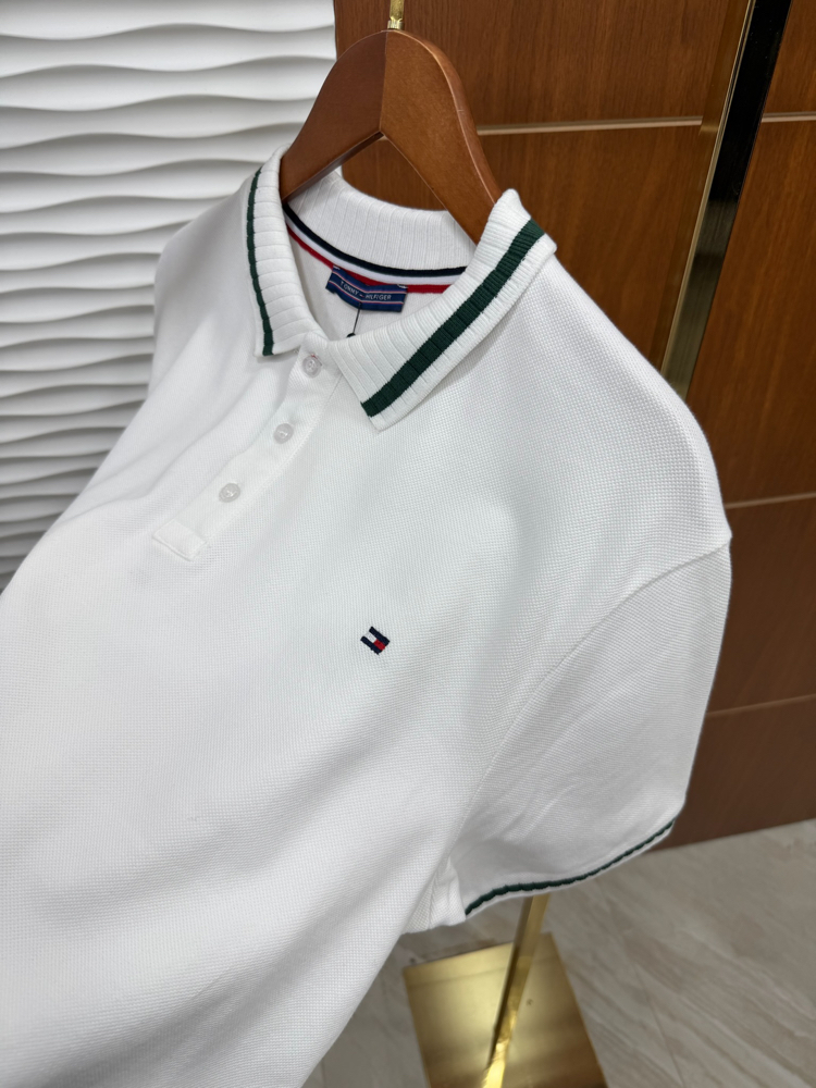 Tommy Yakası Çizgili Beyaz İthal Tişört