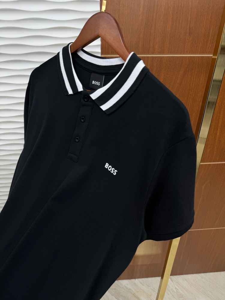 Boss Yakası Çizgili Siyah İthal Polo Yaka