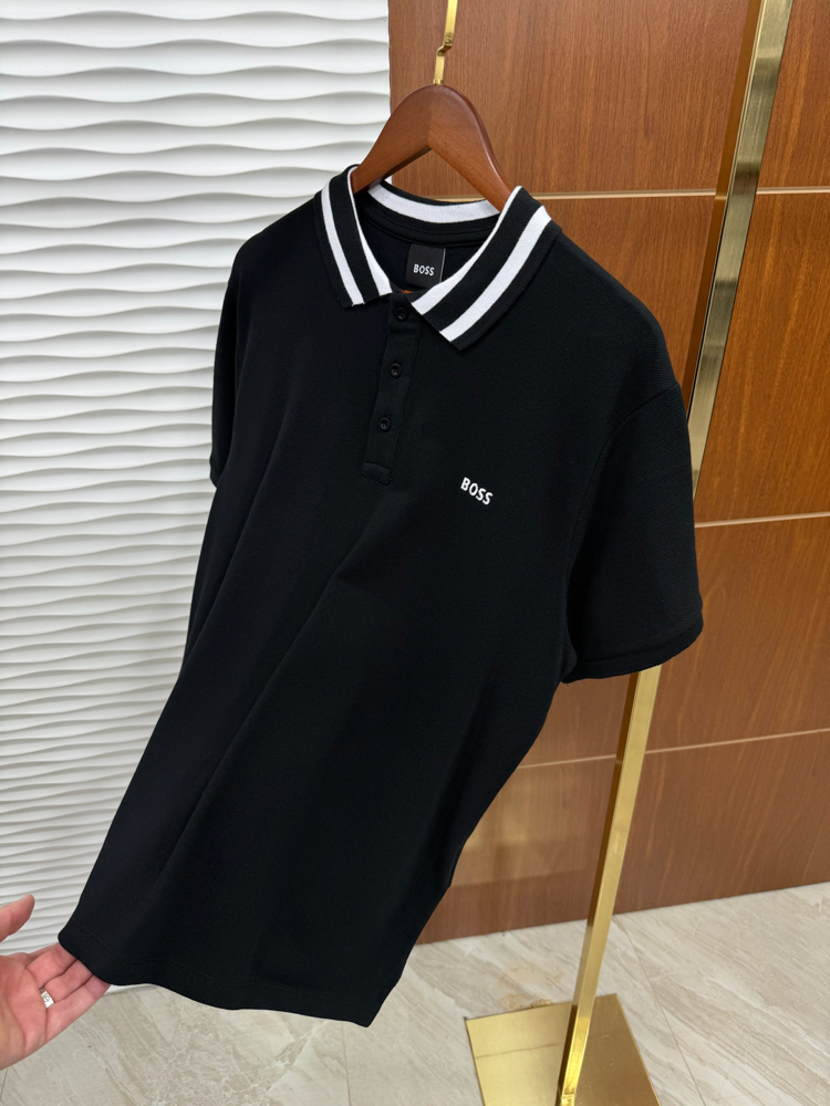 Boss Yakası Çizgili Siyah İthal Polo Yaka