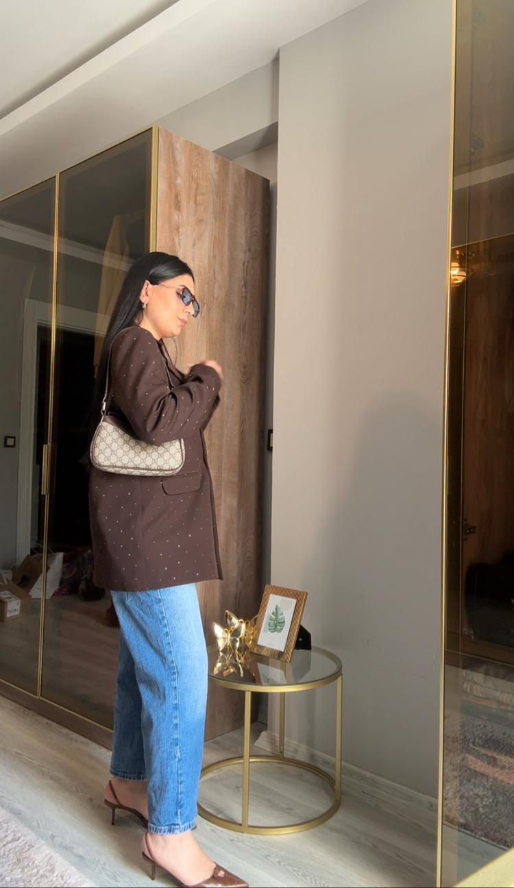 Taşlı Blazer Ceket Kahverengi