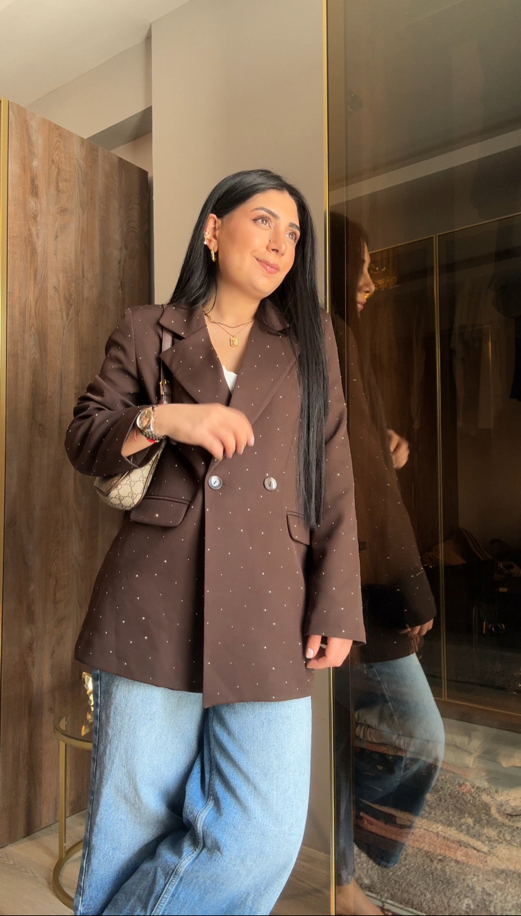 Taşlı Blazer Ceket Kahverengi