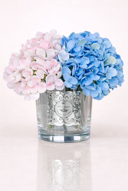 ELEGANCE KOKULU PEMBE-MAVİ ORTANCA ISLAK ÇİÇEK SİLVER KABARTMALI METAL ETİKET (BOY