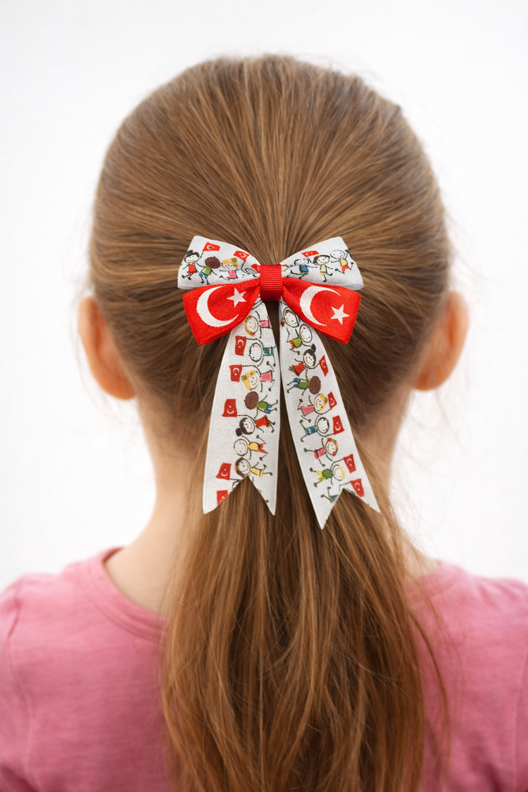 23 Nisan Özel Kız Çocuk Saç Tokası – Türk Bayraklı Fiyonk Toka
