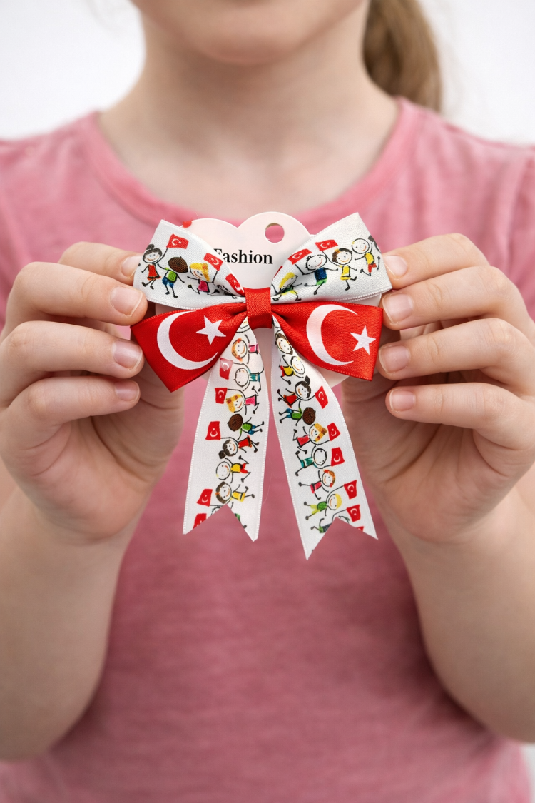 23 Nisan Özel Kız Çocuk Saç Tokası – Türk Bayraklı Fiyonk Toka