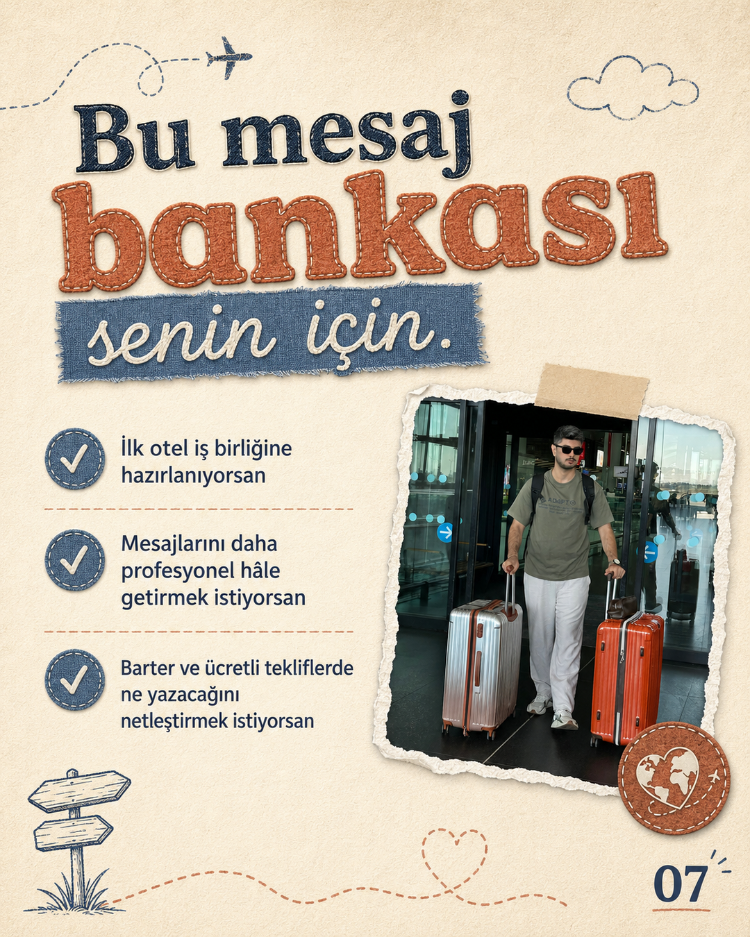 Otel İş Birliği Mesaj Bankası | Barter ve Ücretli Travel UGC Mesajları (TR + EN)