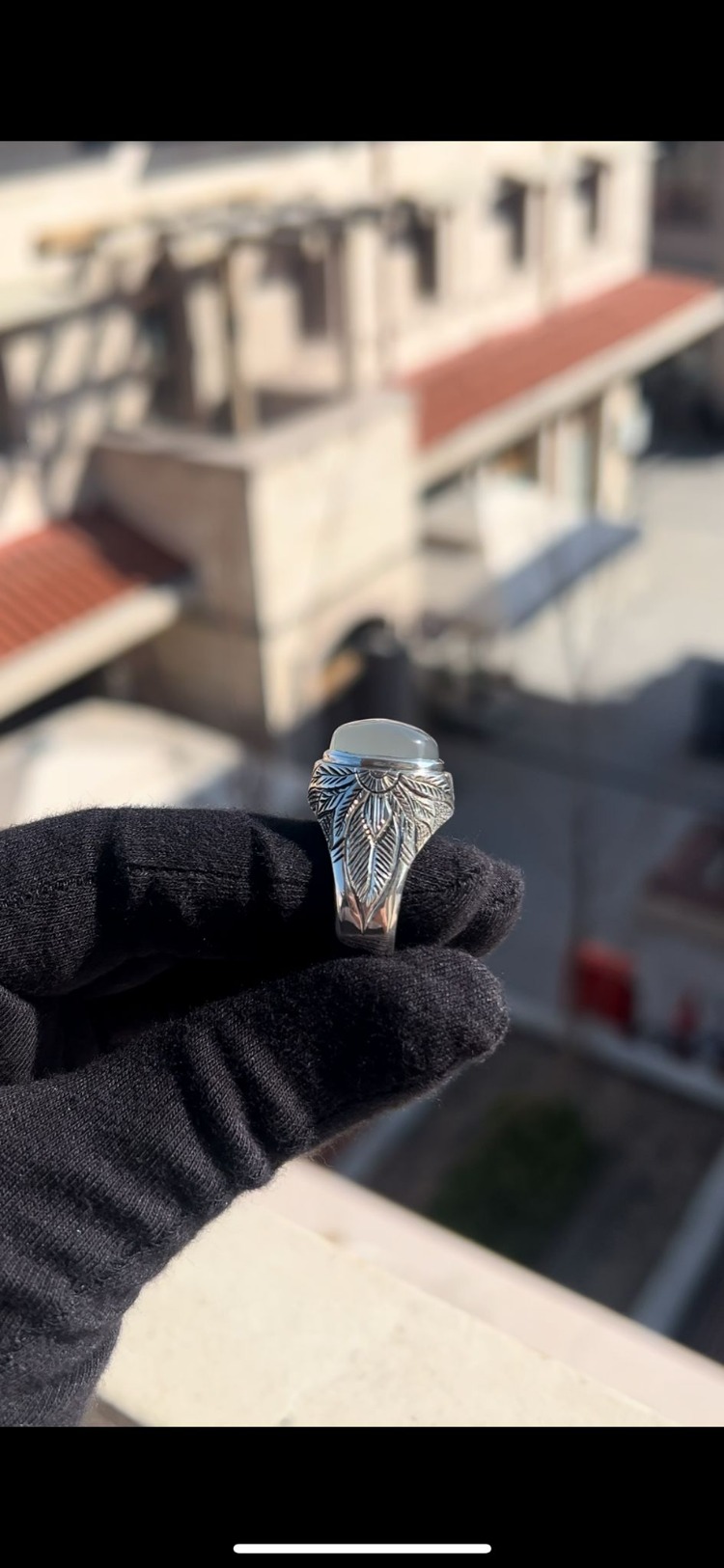 Akik Taşlı Gravürlü Gümüş Yüzük
