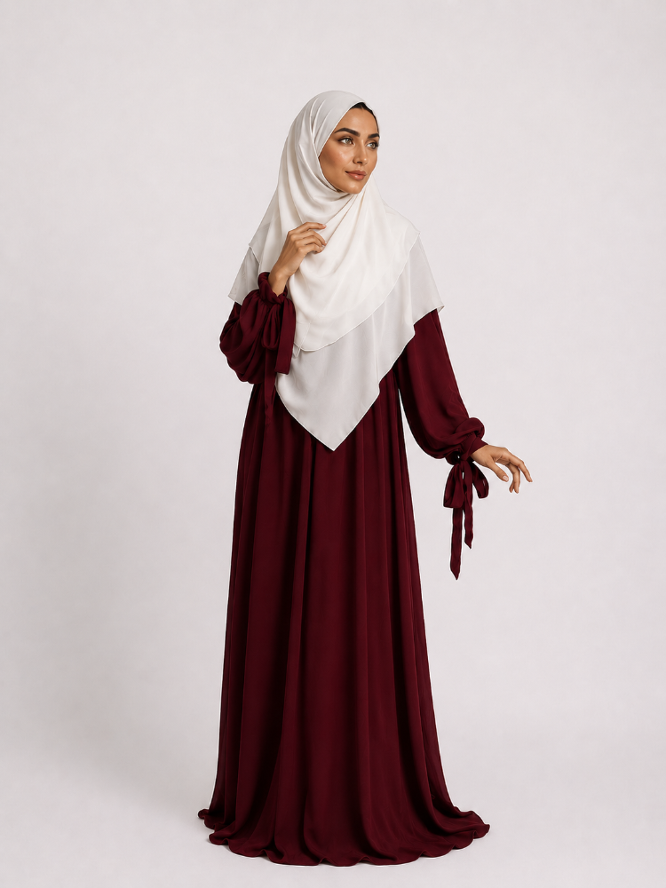 KHİMAR KOLDAN BAĞLAMALI ELBİSE (BORDO)