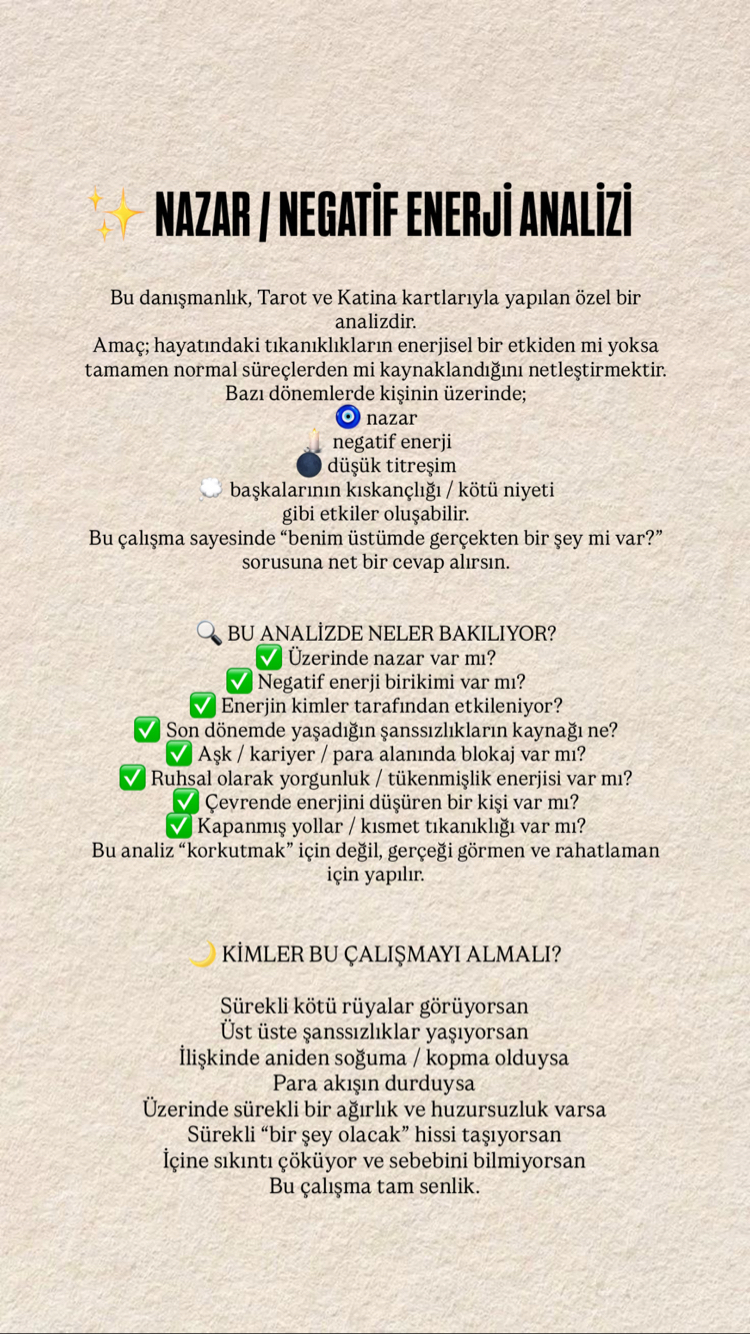 NAZAR / NEGATİF ENERJİ ANALİZİ (Tarot / Katina Destekli)