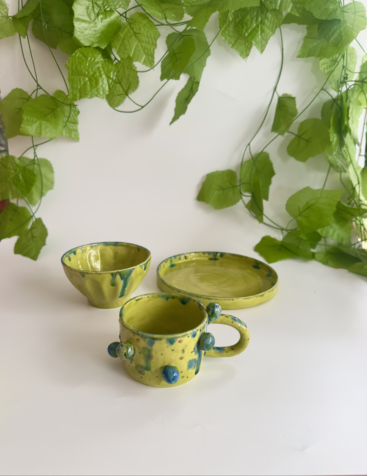 Lime Garden Seramik Set – El Yapımı Kupa, Kase & Tabak