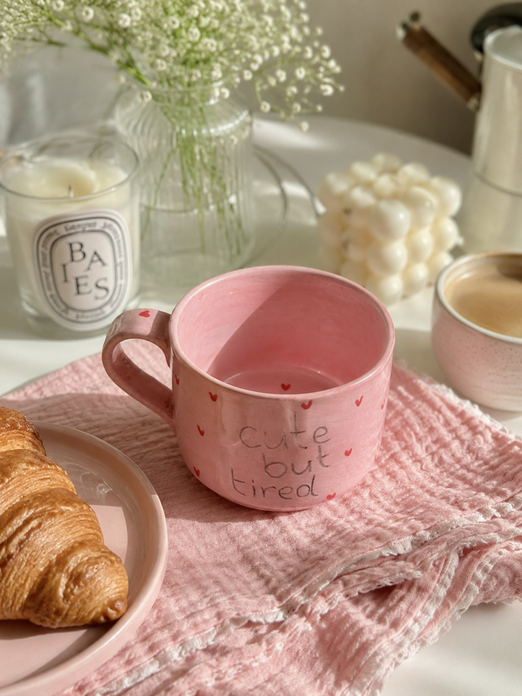 Cute But Tired Pembe El Yapımı Seramik Kupa | Kalpli Kahve Kupası