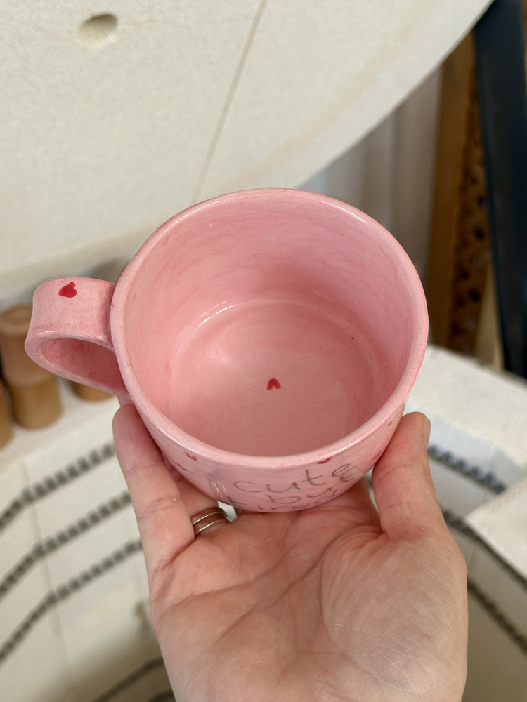 Cute But Tired Pembe El Yapımı Seramik Kupa | Kalpli Kahve Kupası