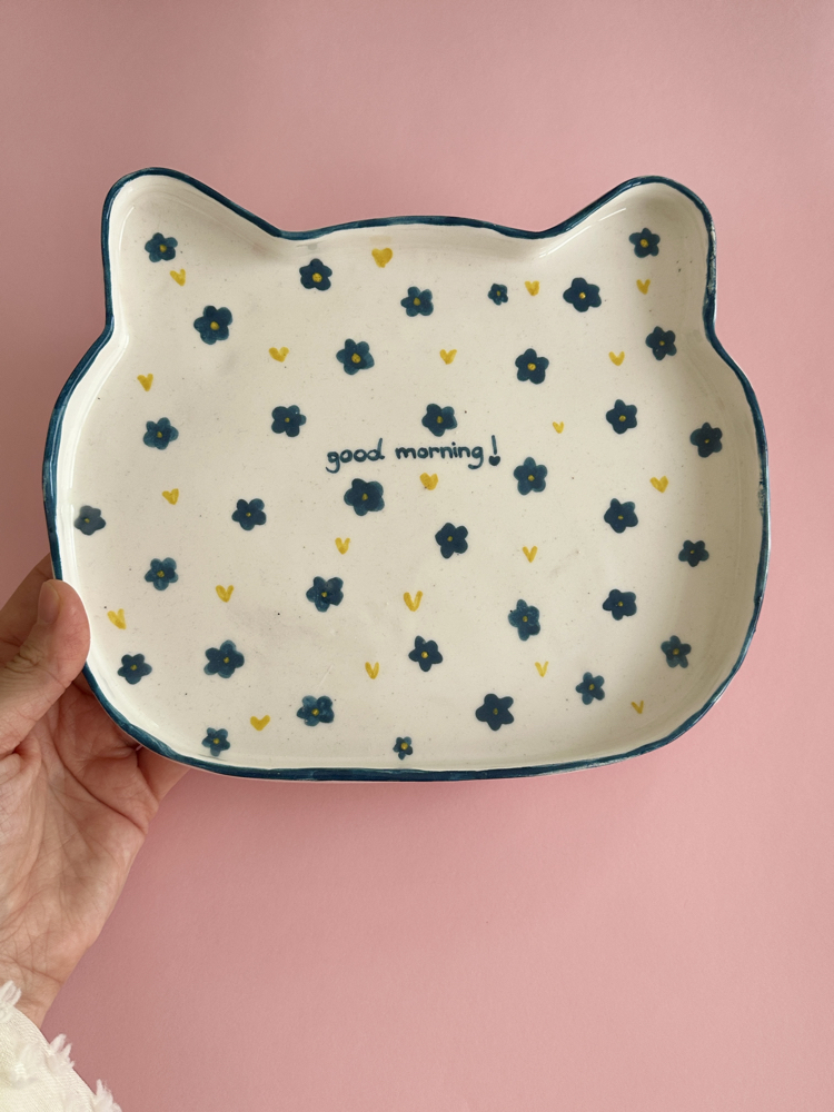 Good Morning Kedi Tabağı – El Yapımı Seramik Servis Tabağı