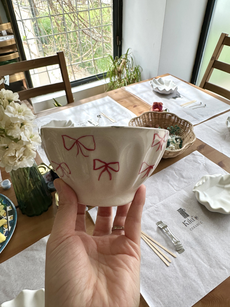 Cherry & Ribbon El Yapımı Seramik Kase