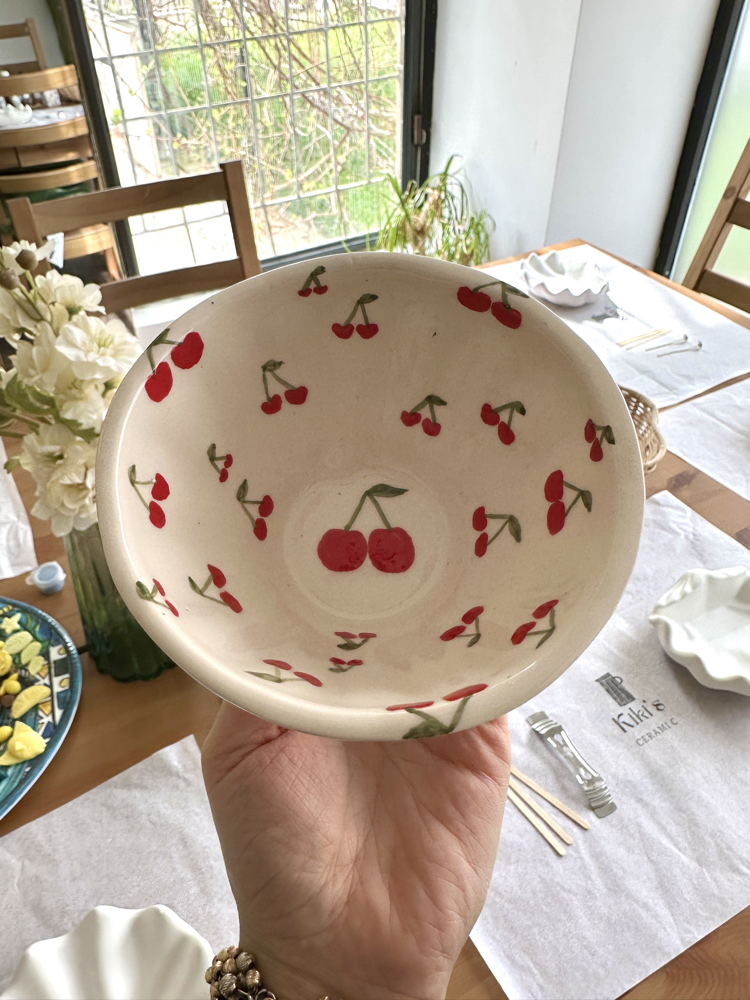 Cherry & Ribbon El Yapımı Seramik Kase