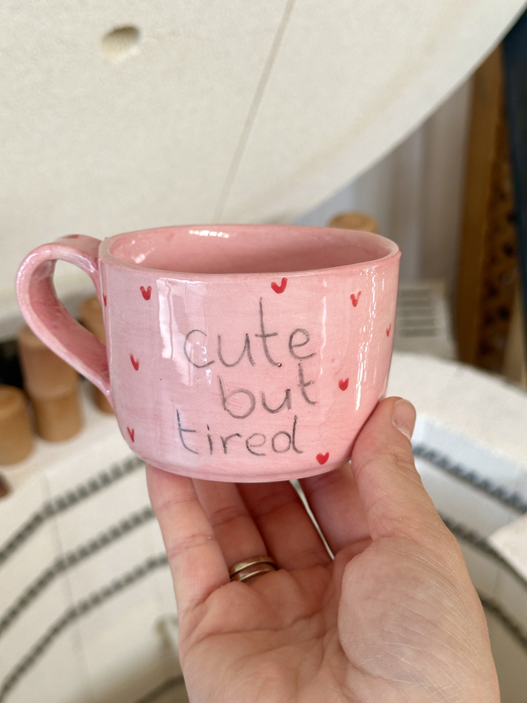Cute But Tired Pembe El Yapımı Seramik Kupa | Kalpli Kahve Kupası