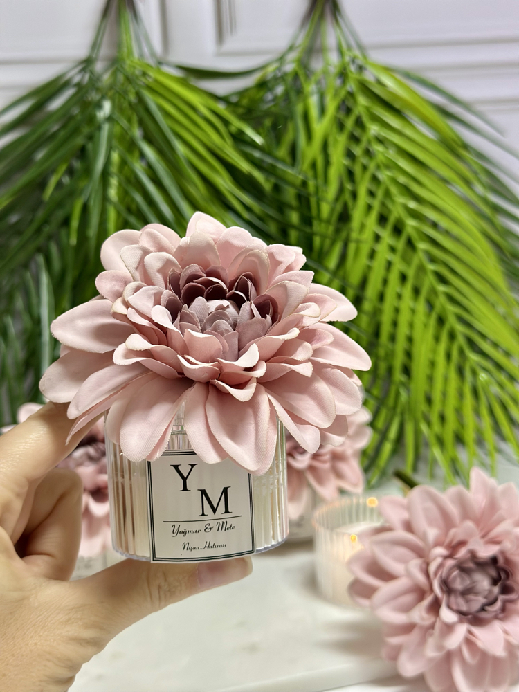 Pembe Lüx çiçekli mika mum