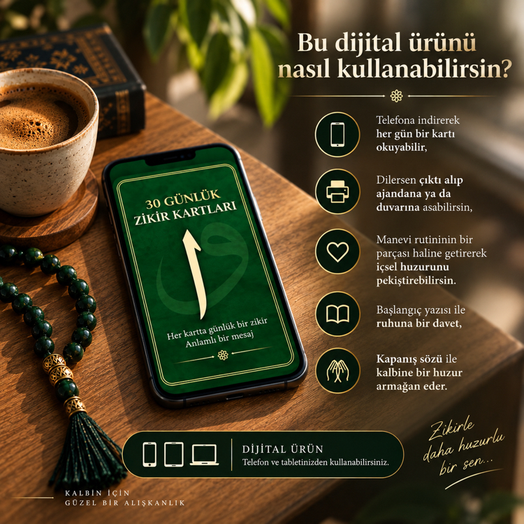 30 Günlük Dijital Zikir Kartları – Her Güne Bir Zikir ve İlham Mesajı (Dijital Ürün)