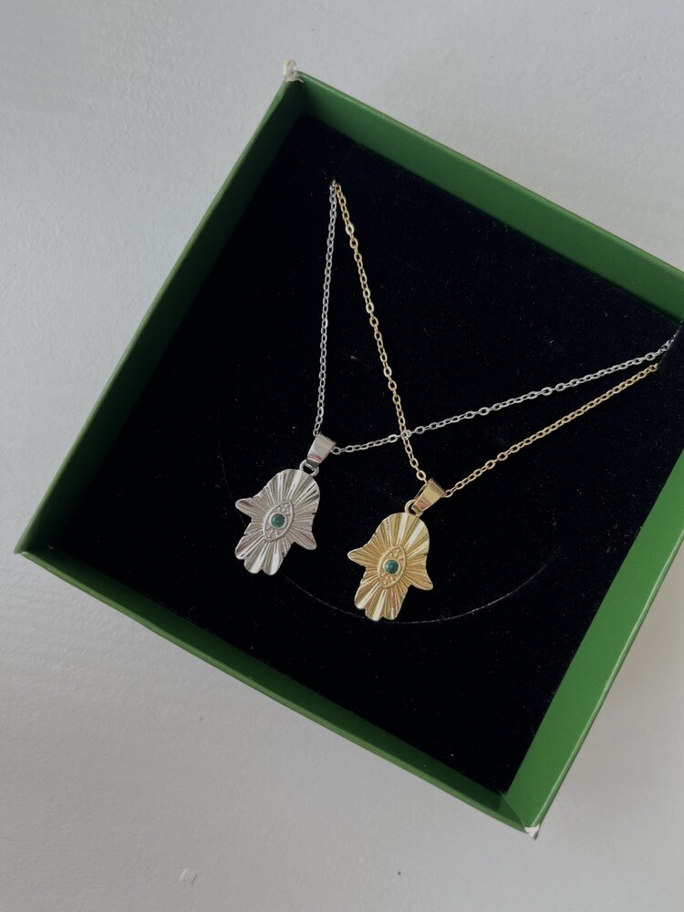 Gold yeşil taşlı hamsa kolye | çelik