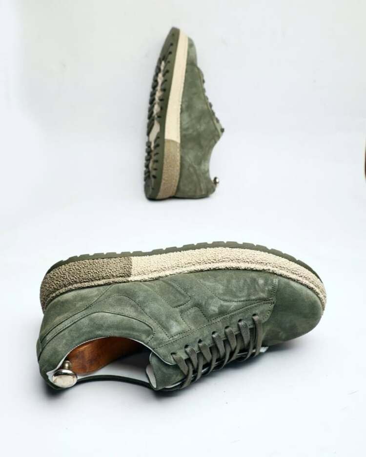 Hakiki Deri Süet  El Yapımı Haki Renk Erkek Sneakers