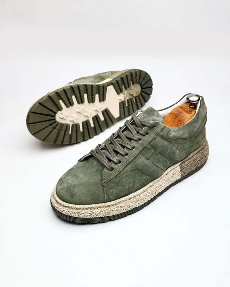 Hakiki Deri Süet  El Yapımı Haki Renk Erkek Sneakers