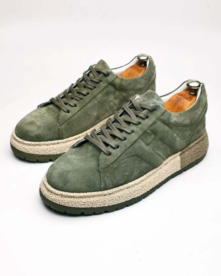 Hakiki Deri Süet  El Yapımı Haki Renk Erkek Sneakers