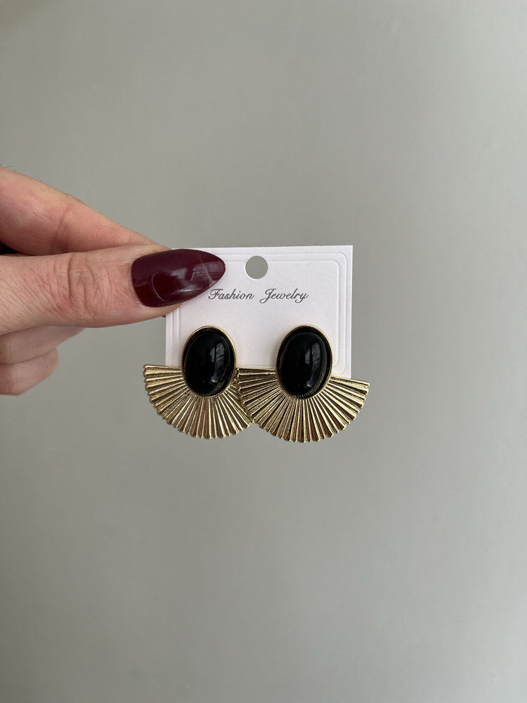 Retro Yelpaze Küpe Siyah Taş Detaylı | Gold