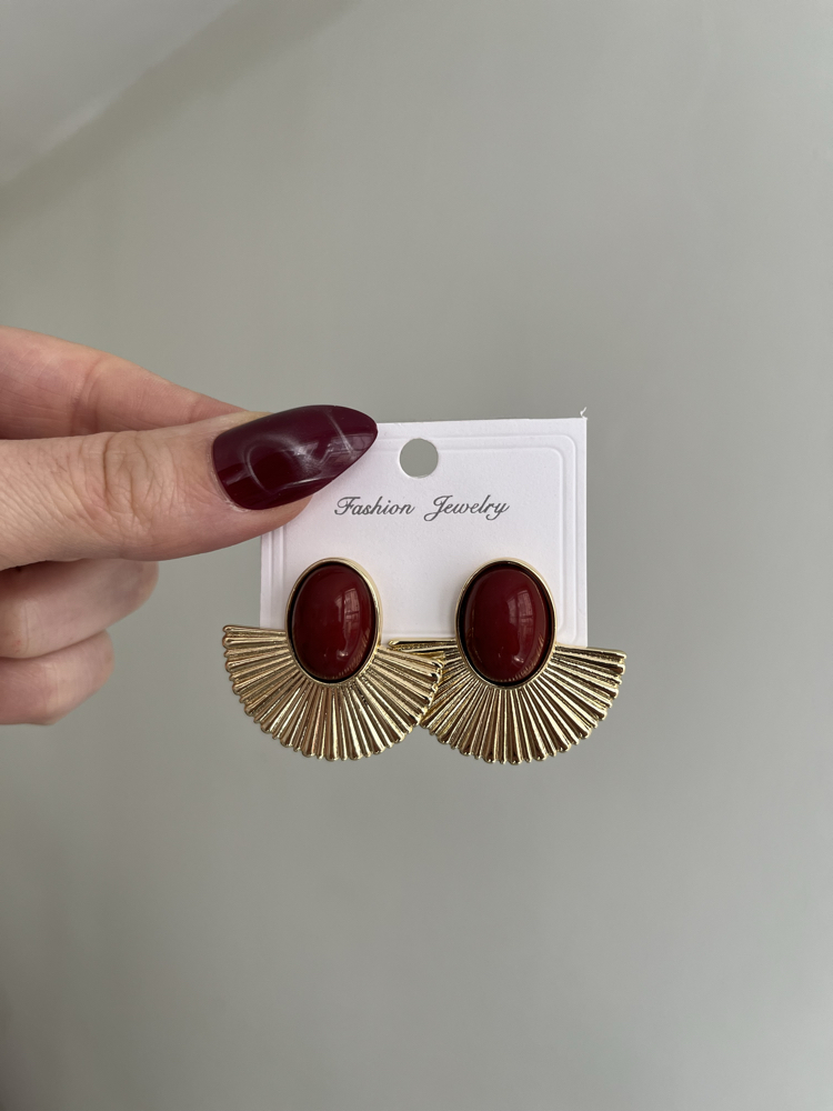 Retro Yelpaze Küpe Bordo Taş Detaylı | Gold