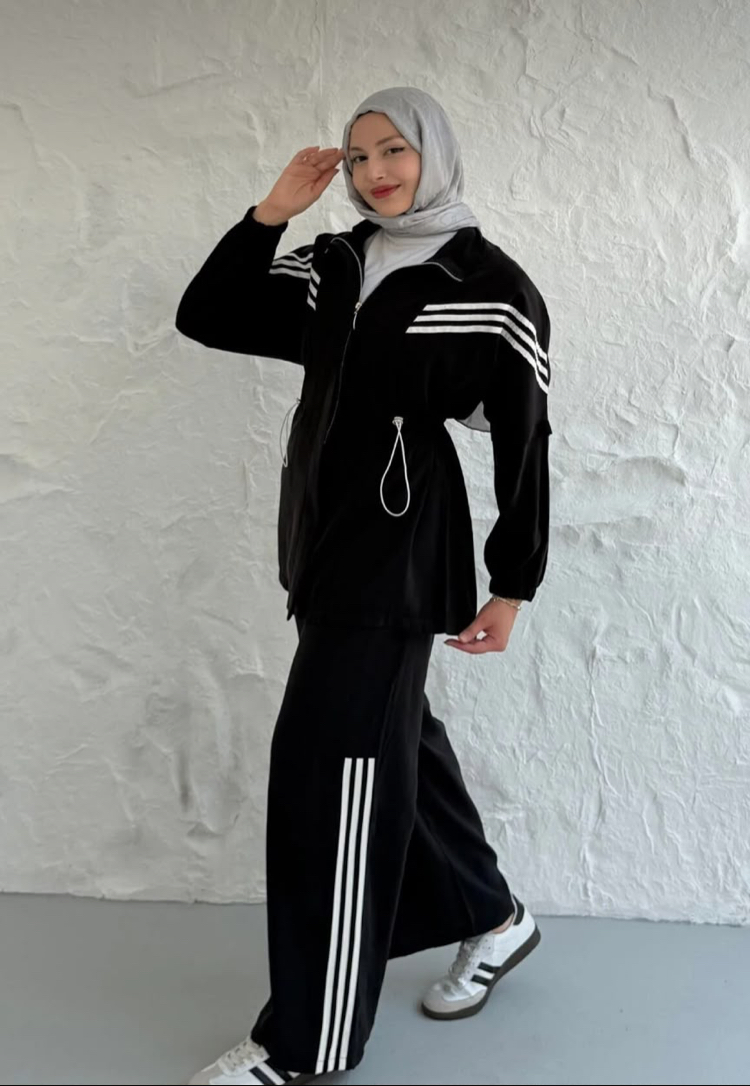 SİYAH MODAL KUMAŞ ŞERİTLİ SPOR TAKIM