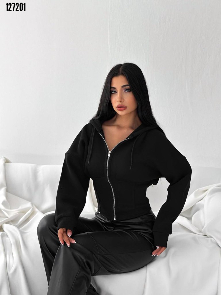 SİYAH BELDE KORSE DETAYLI ÜÇ İPLİK CEKET