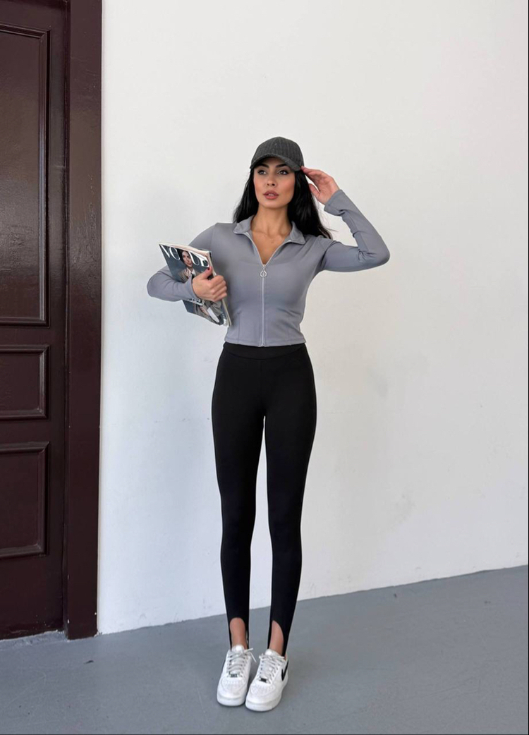 GRİ FERMUARLI PARMAK GEÇMELİ CROP CEKET