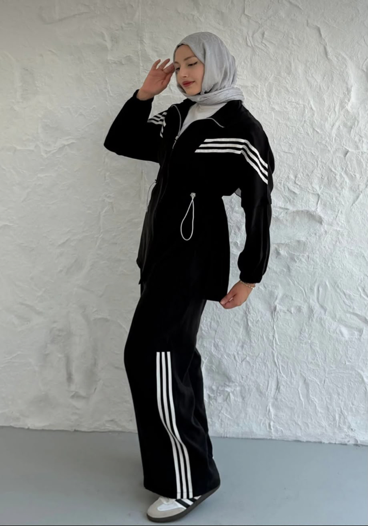 SİYAH MODAL KUMAŞ ŞERİTLİ SPOR TAKIM