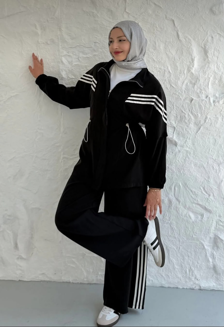 SİYAH MODAL KUMAŞ ŞERİTLİ SPOR TAKIM