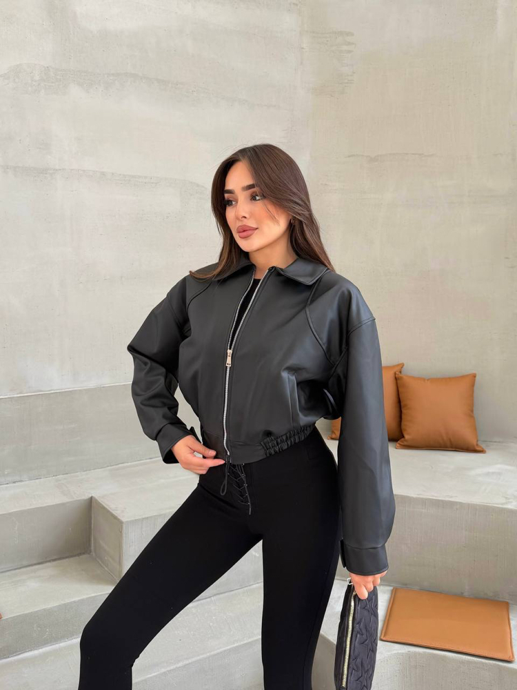 BOMBER BELİ LASTİKLİ DERİ CEKET