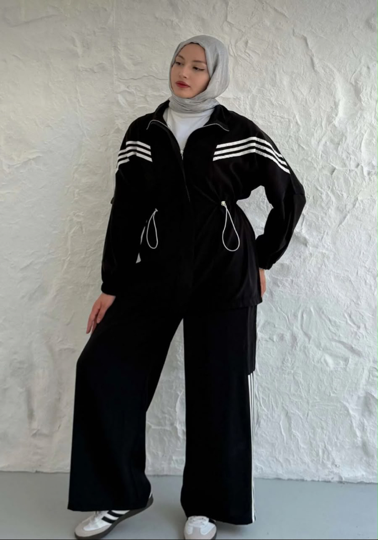 SİYAH MODAL KUMAŞ ŞERİTLİ SPOR TAKIM