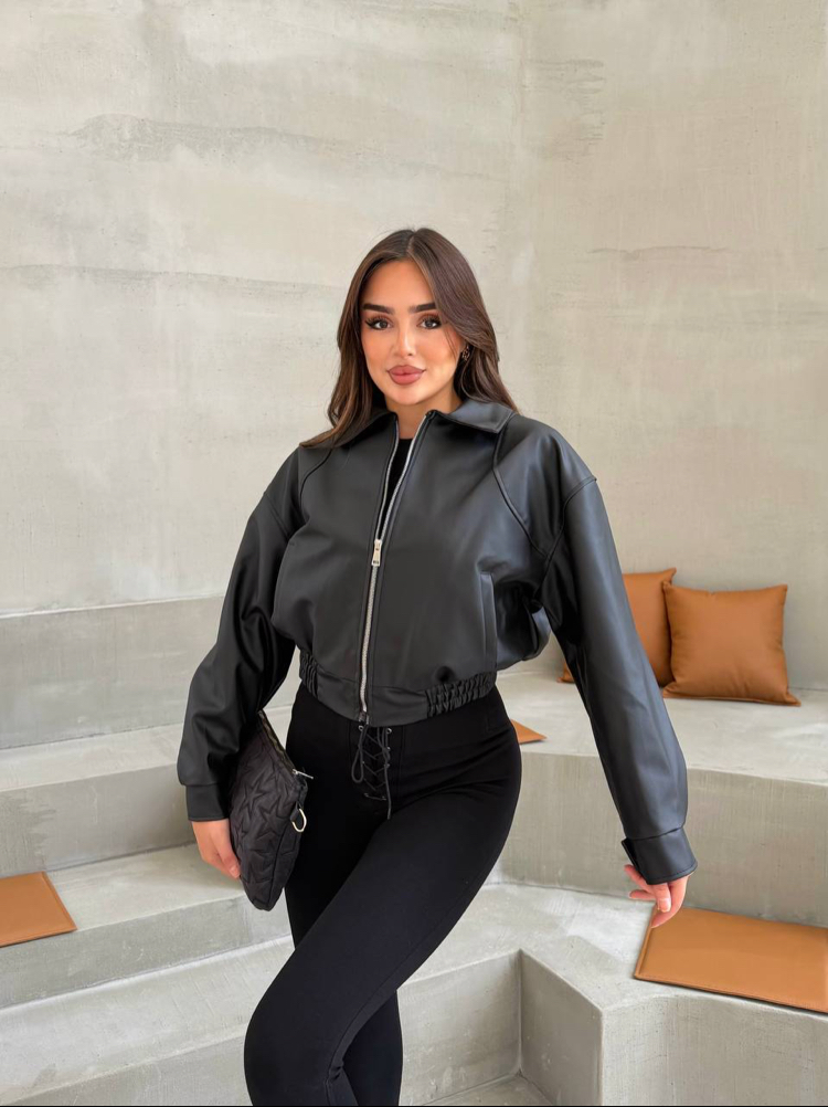 BOMBER BELİ LASTİKLİ DERİ CEKET
