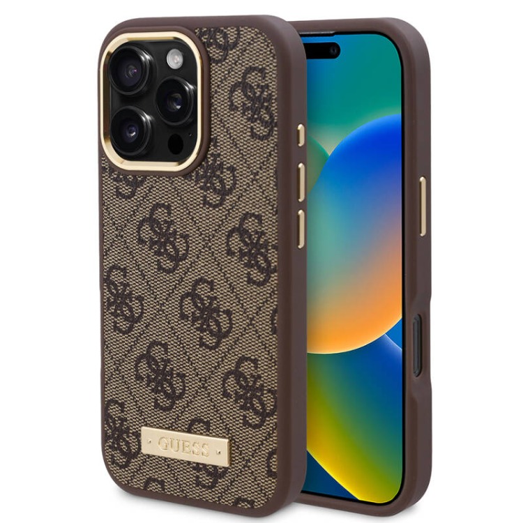 Apple iPhone 16 Pro Kılıf Guess Orjinal Lisanslı M-safe Şarj Özellikli 4G Desenli PU Metal