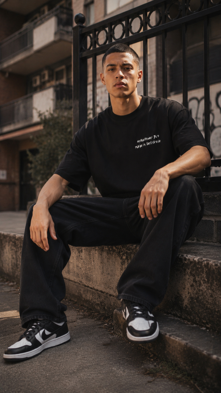 KORYN Siyah BMW Grafik Baskılı Oversize Erkek T-Shirt