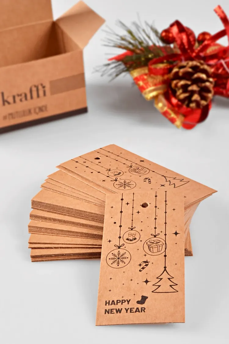 Happy New Year Temalı Merry Christmas Kraft Ürün – Paket – Ambalaj Etiketi