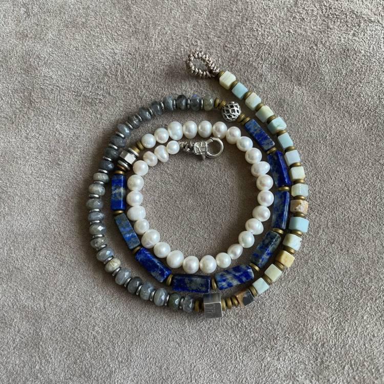 İnci,labradorit,lapislazuli, Amazonit kolye 