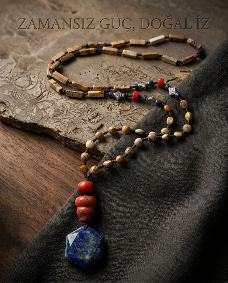 Fosil jasper &lapis&mercan kolye